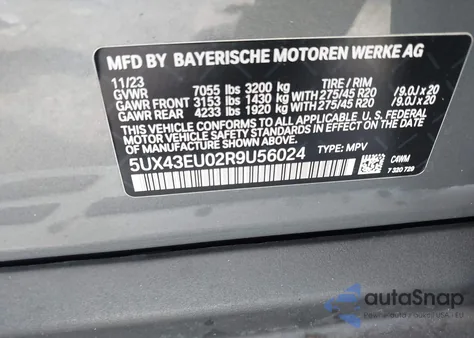 2024 BMW X5 Phev xDrive50E from USA, damaged, VIN 5UX43EU02R9U56024